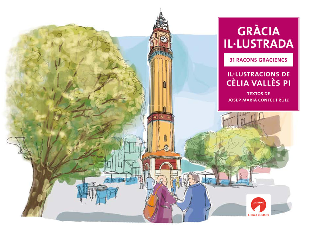 Imatge coberta llibre "Gràcia il·lustrada" amb il·lustració del campanar